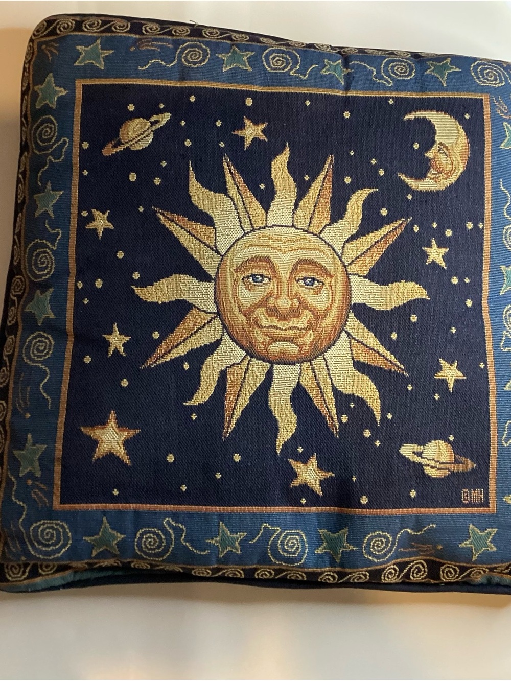 Celestial Sun & Moon Tapestry Pillow Cover - Navy & Gold